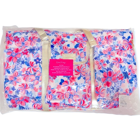 LILLY PULITZER Insulated Beach Bag Resort White Party Like Lobstar Gold Leather - Picture 2 of 7